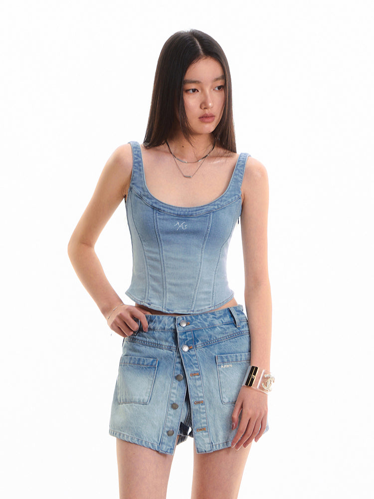 Twill Denim Big U-neck Waist Cinching Vest