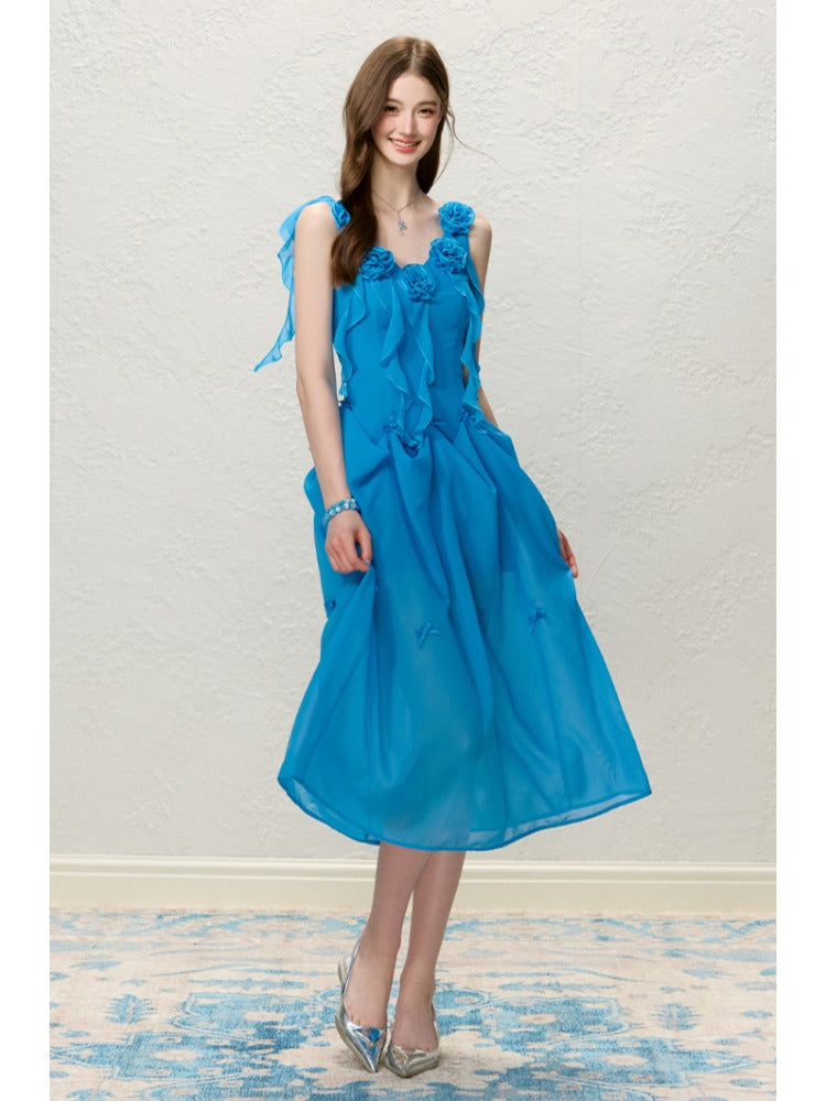 Blue Floral Ruffle Fitted Dress