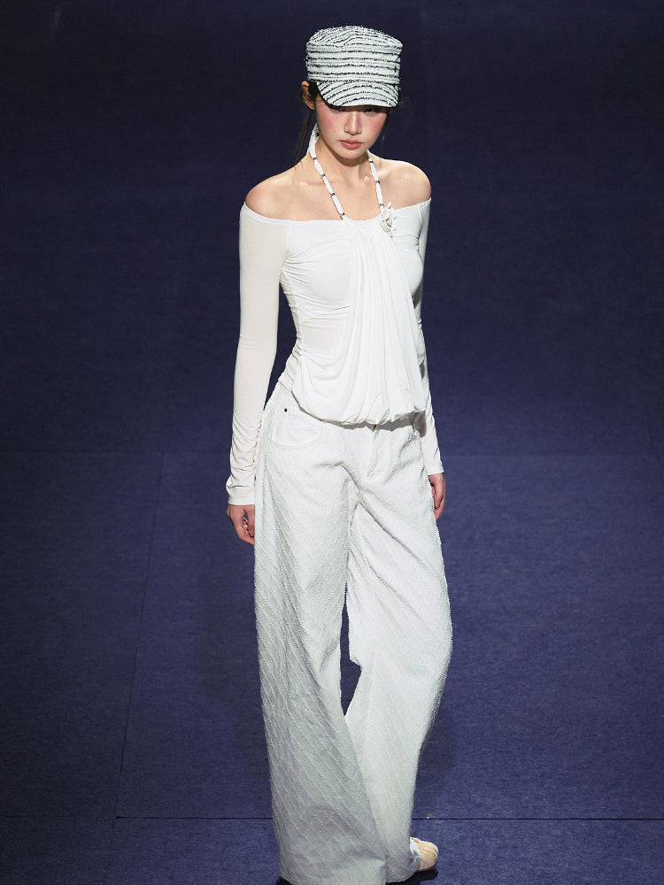 Fake Two-Piece Halter Ruched Floral One-Shoulder Blouse