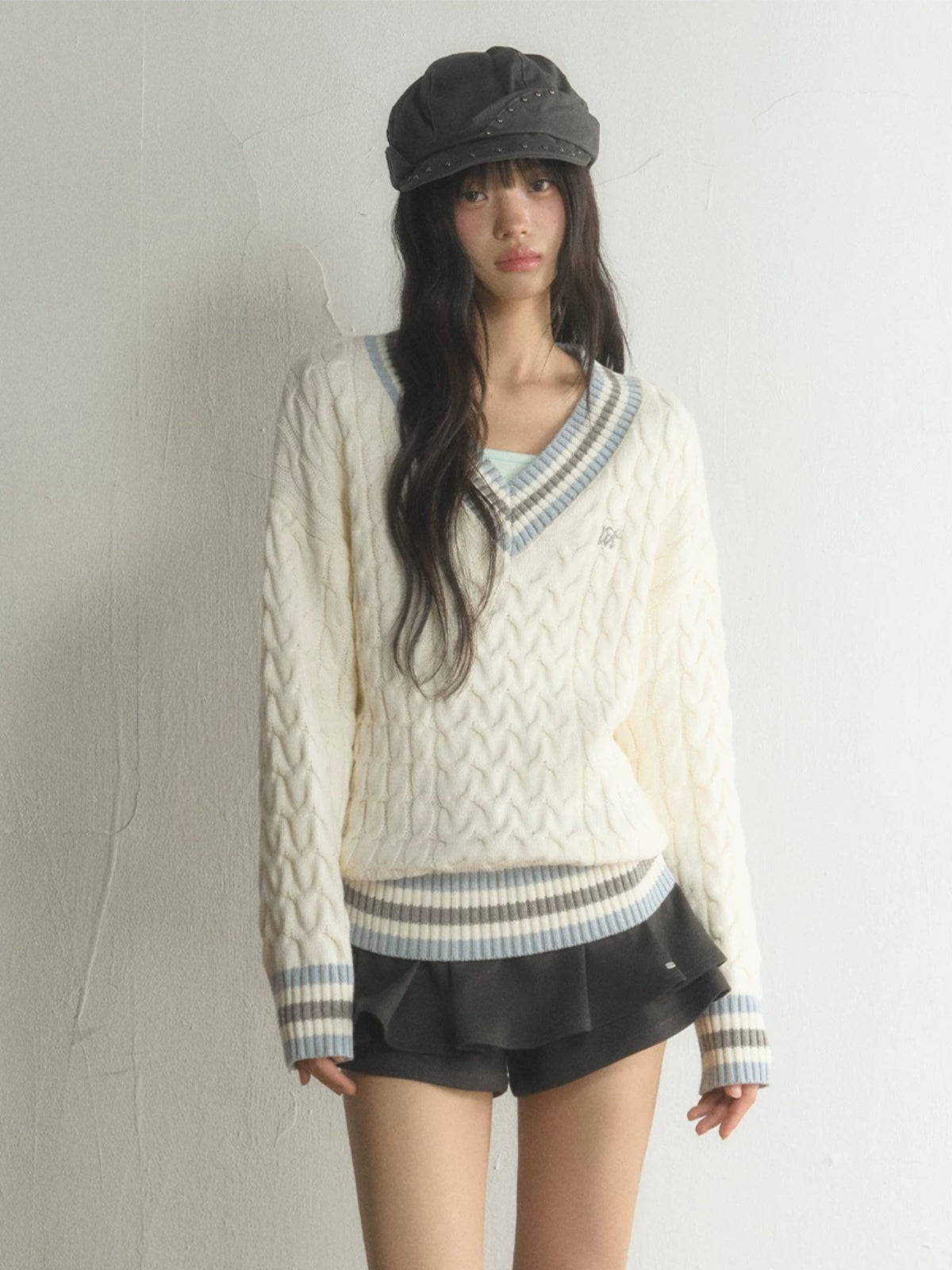 Preppy Contrast V-Neck Cable-Knit Sweater