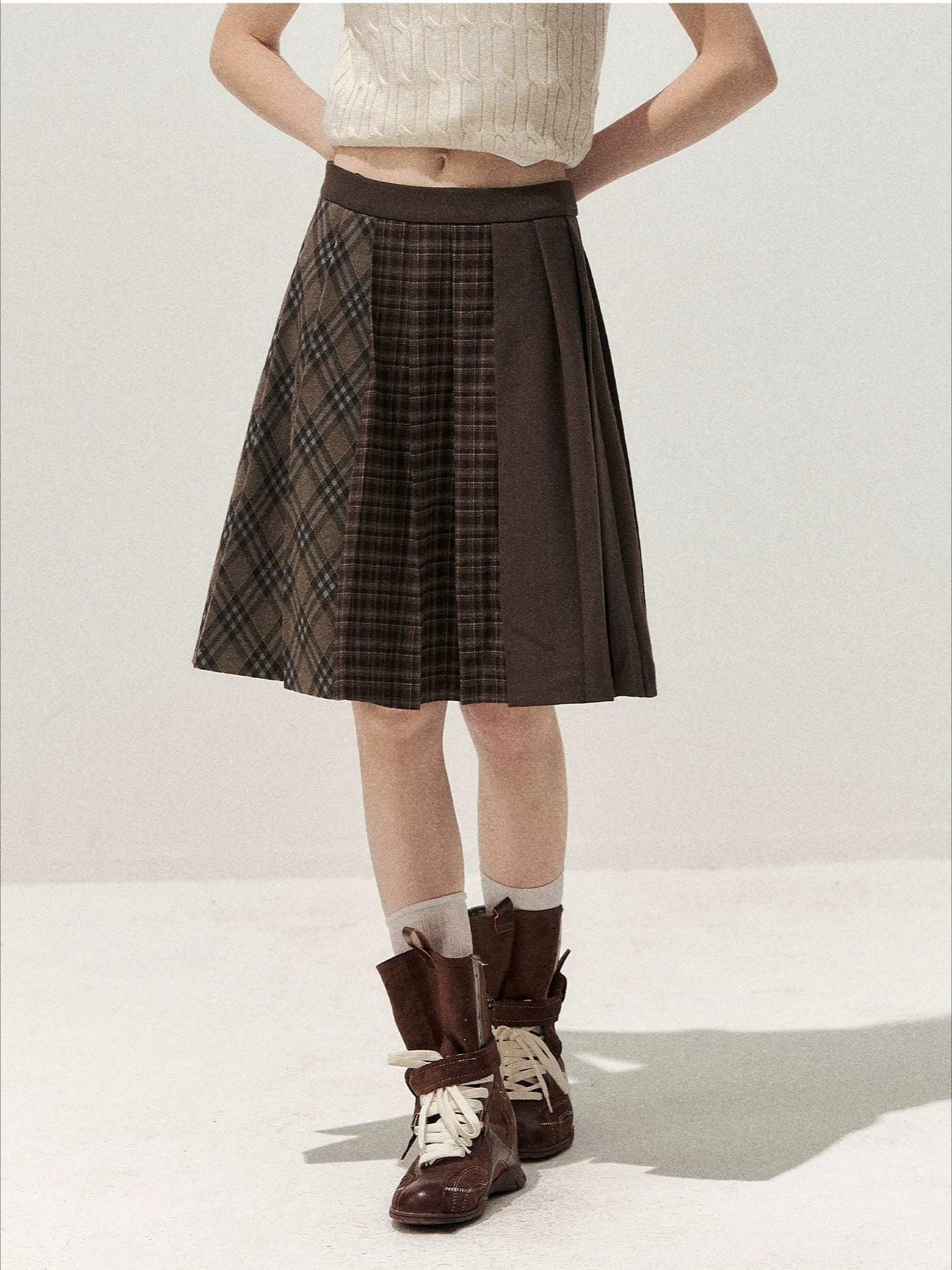 Brown Plaid Pleated Skirt