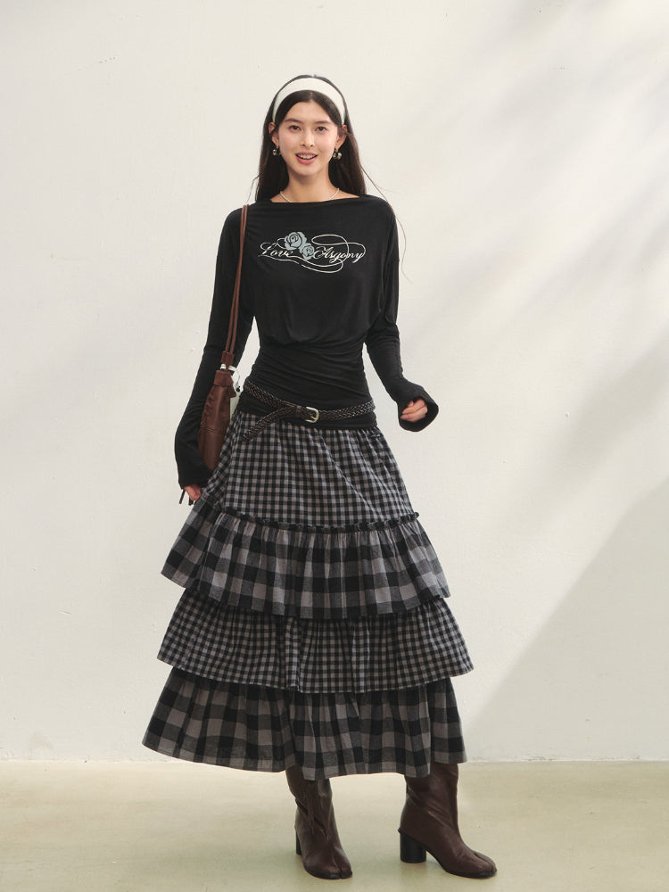 Plaid Patchwork Lace Waist Layered Cake Skirt