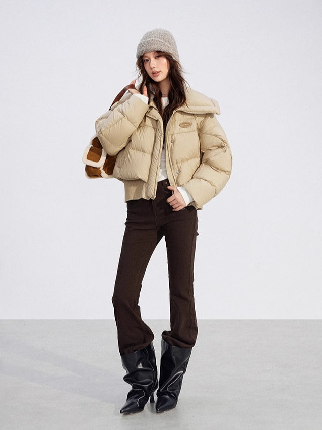 Large Lapel Knit-Panel Down Jacket