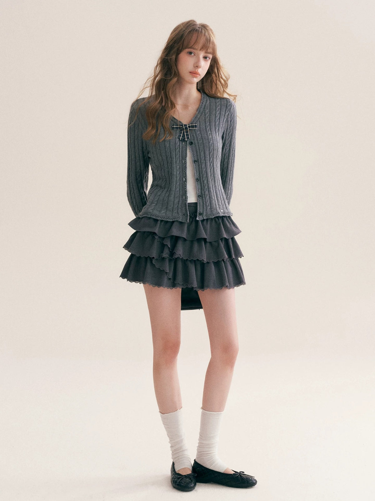 Plaid Bow Knit Cardigan