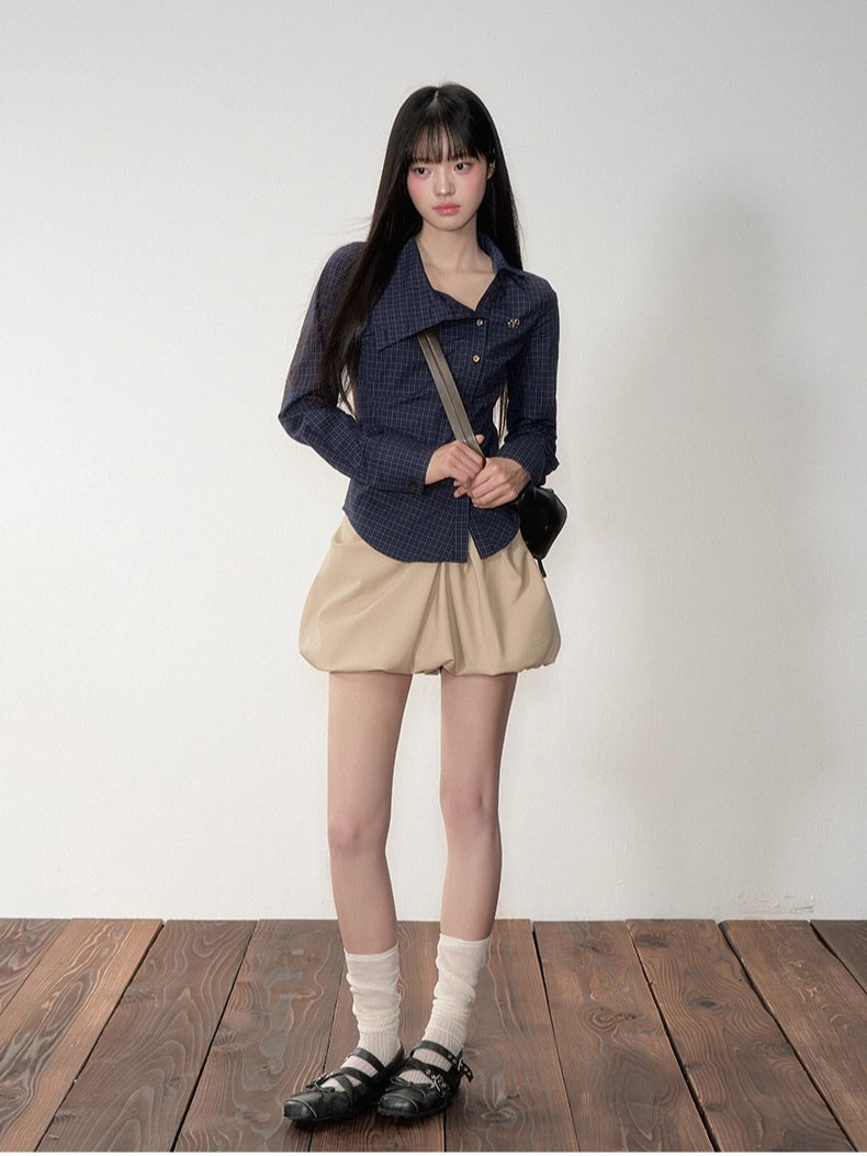 Khaki & Navy Blue Pleated A-Line Skirt