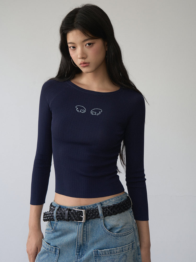 Rhinestone Heart Wings Slim Long-sleeved T-shirt