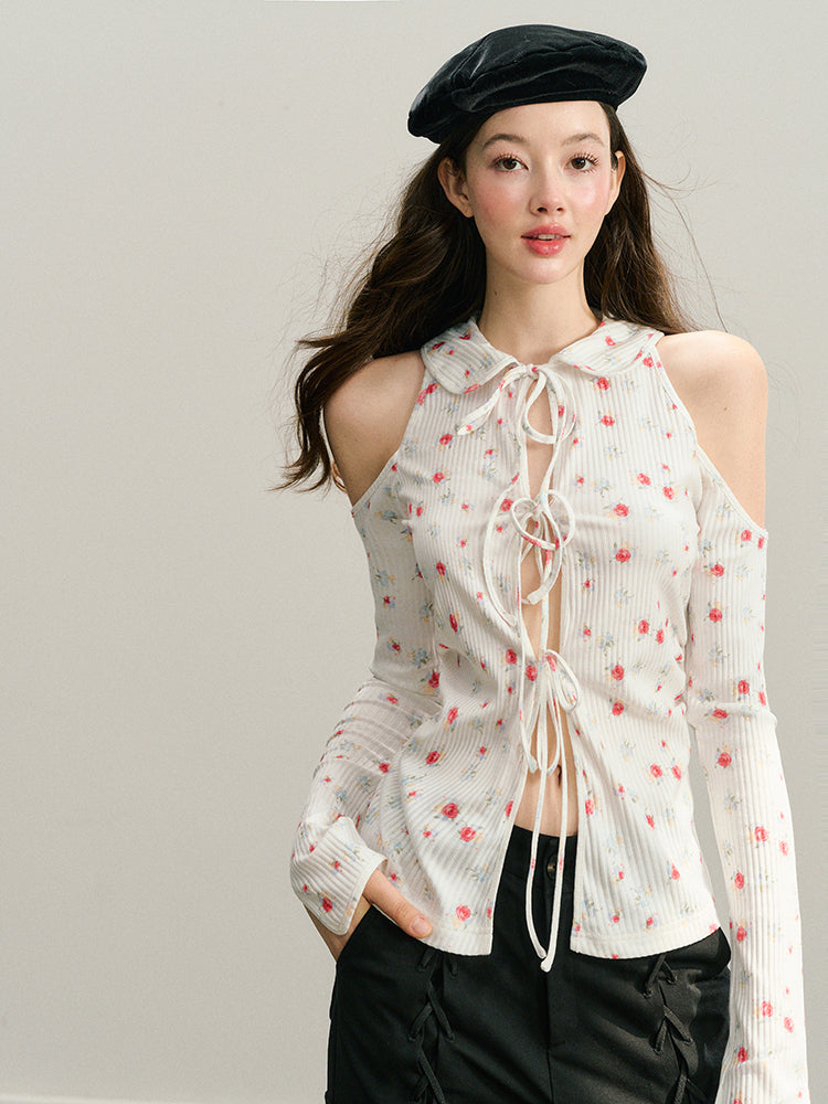 Black & White Off-Shoulder Tie-Back Knit Cardigan