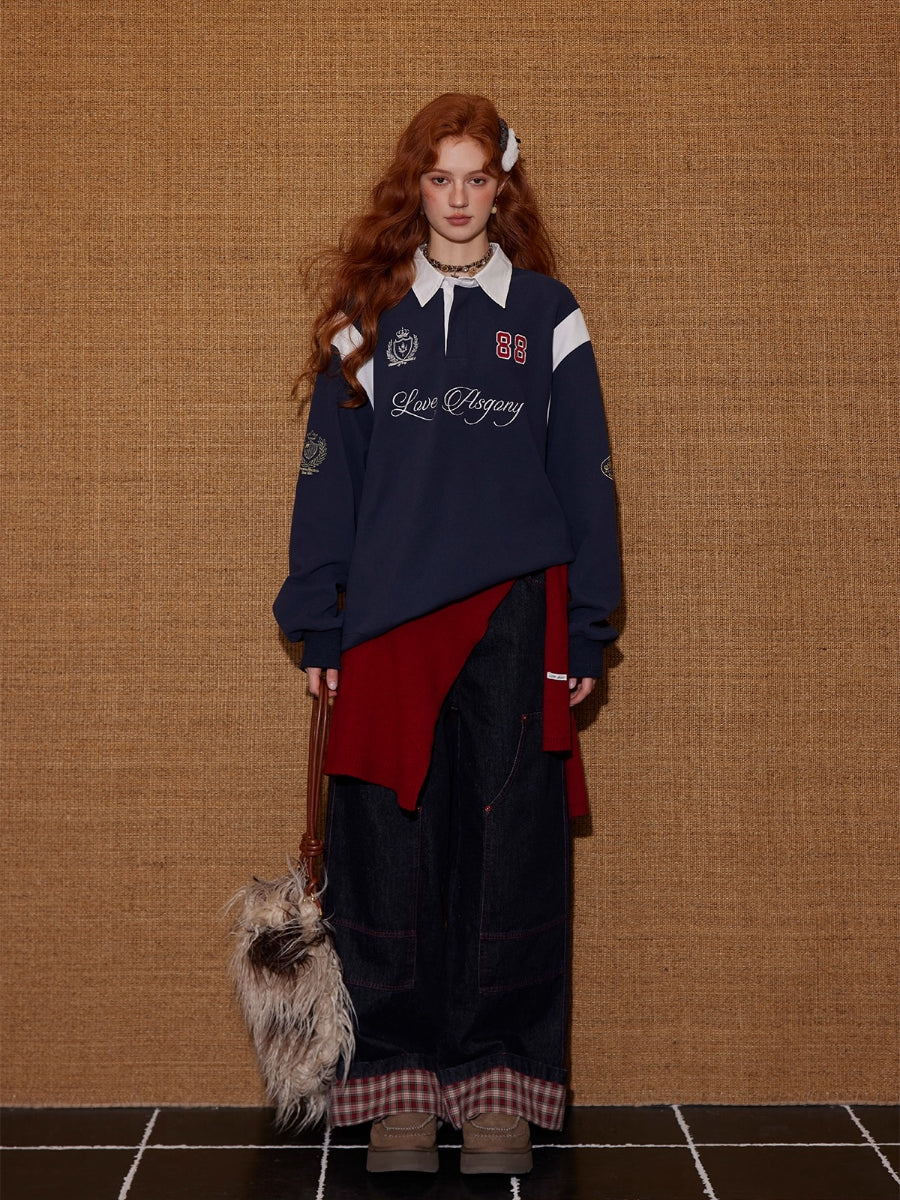 Contrast Collar Embroidered Drawstring Sweatshirt