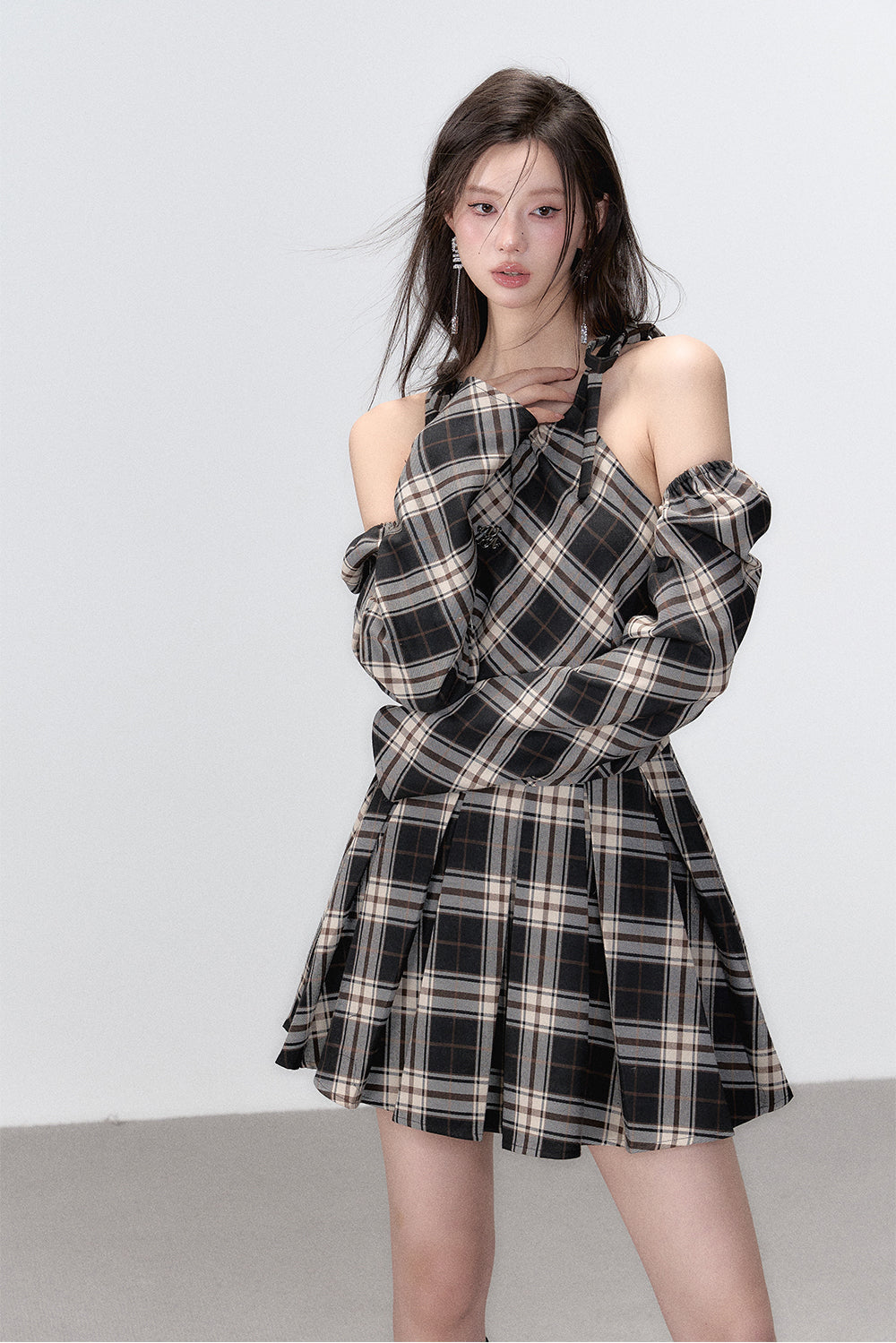 Black Plaid A-line Halter Mini Dress