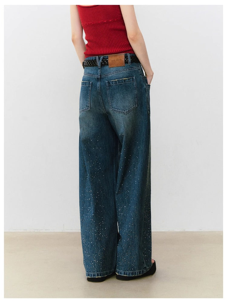 3D Rhinestone Wide-leg Denim Pants