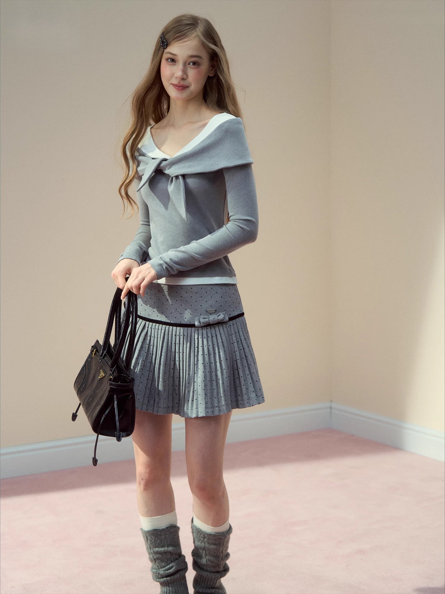 Polka-Dot Bow Pleated Skirt