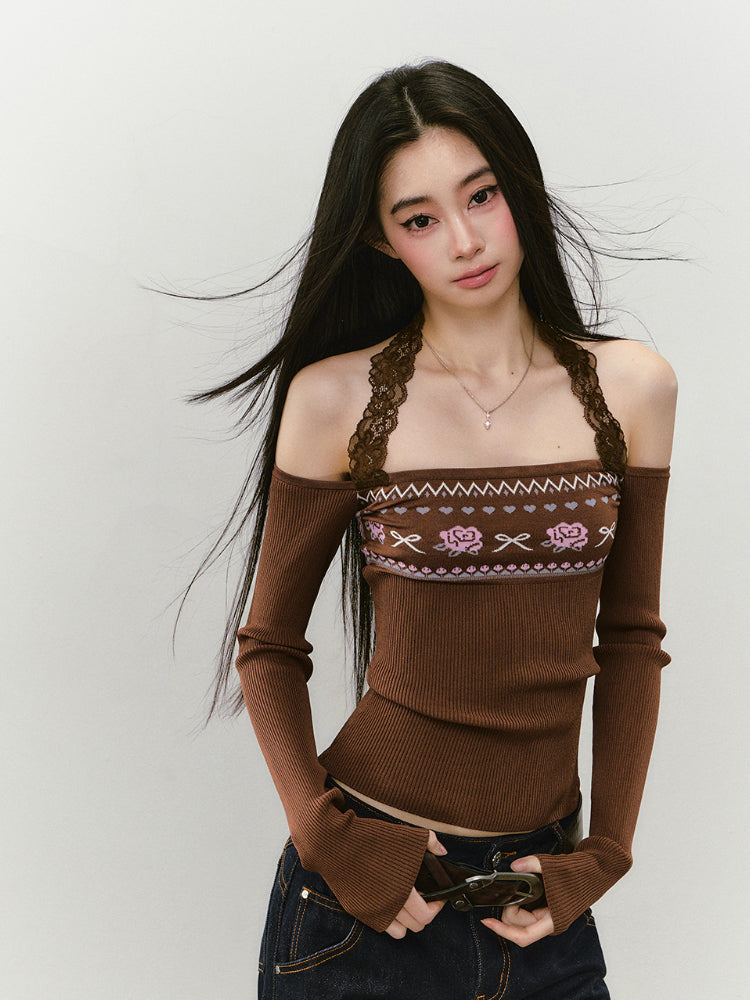 Lace Halter Two-way One-shoulder Sweater