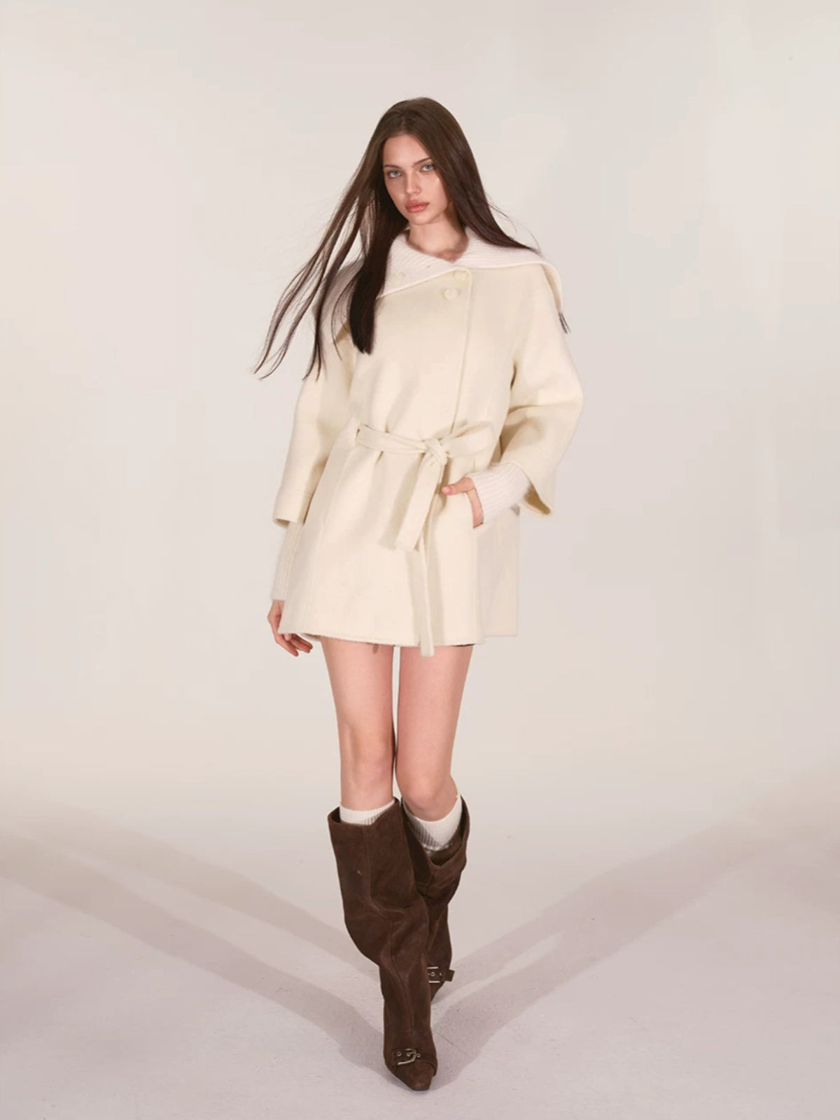 Asymmetric Collar Belted Wool Coat