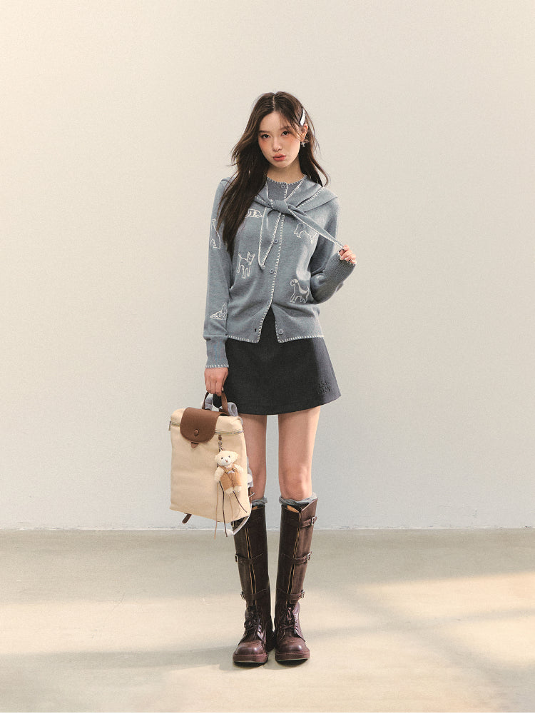 Puppy Embroidered Trim Hooded Knit Sweater