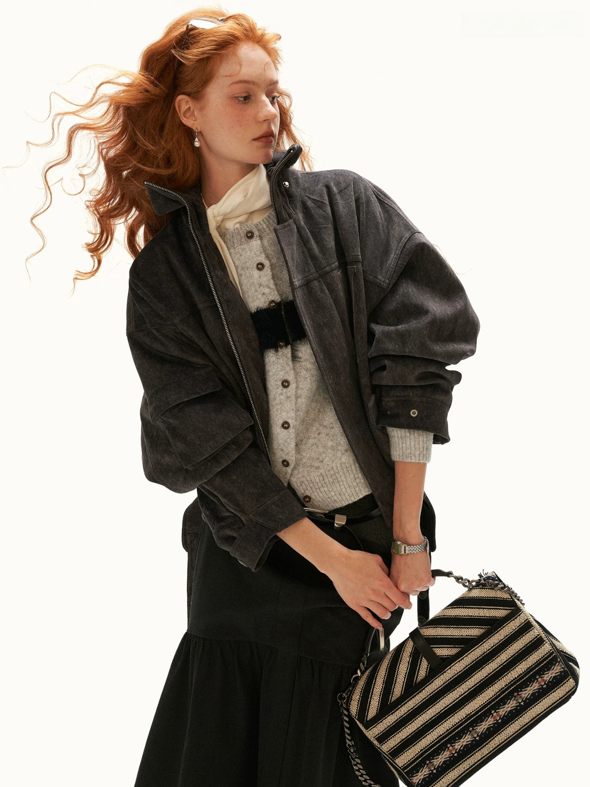 Textured Faux Fur Collar Jacket