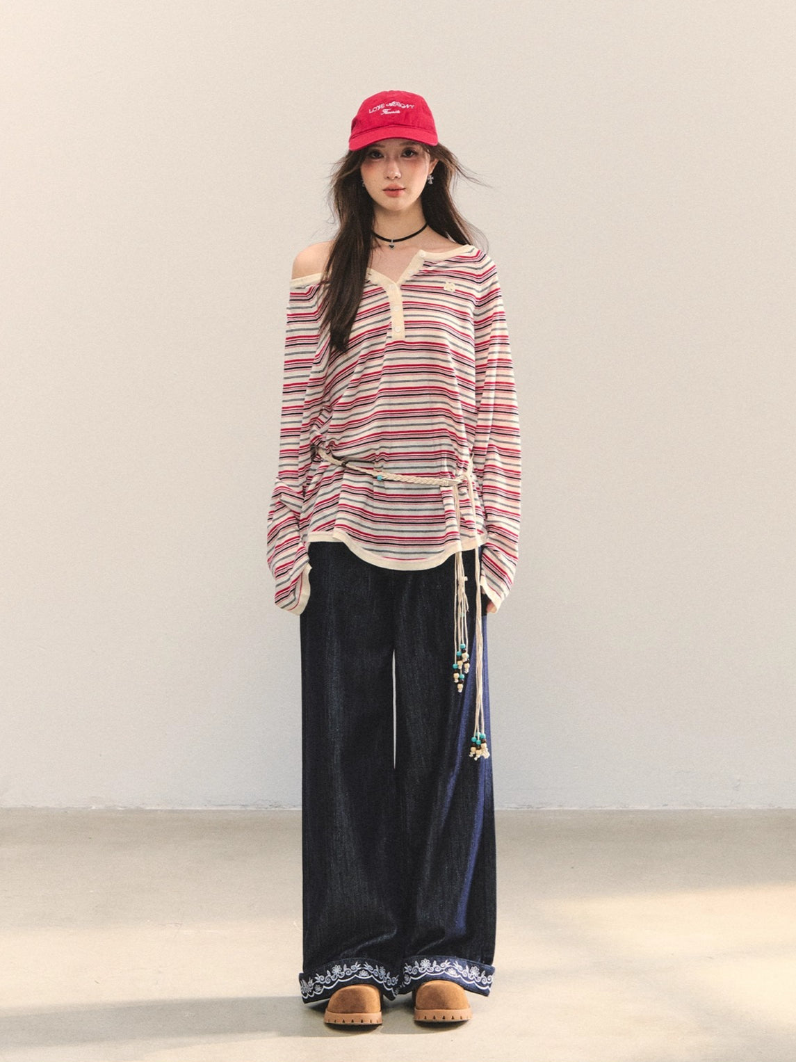 Navy Blue Boho Embroidered Belted Jeans