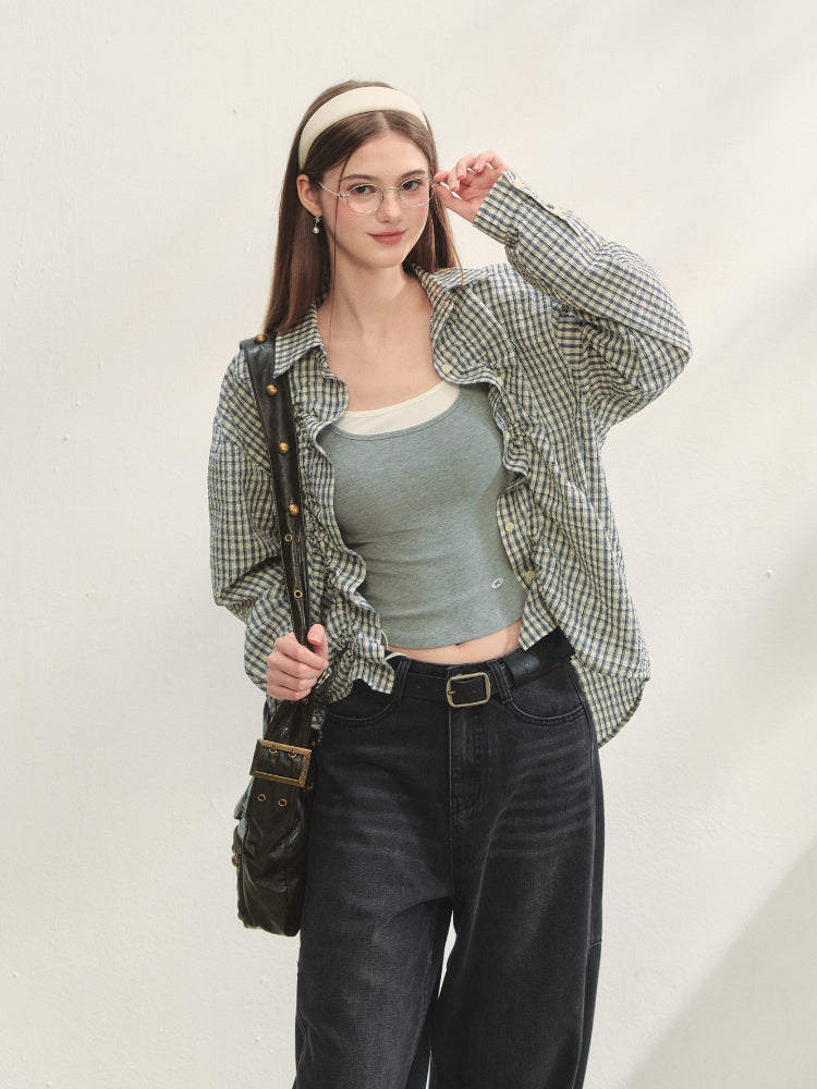 Checkered Contrast Hem Drawstring Pleated Shirt