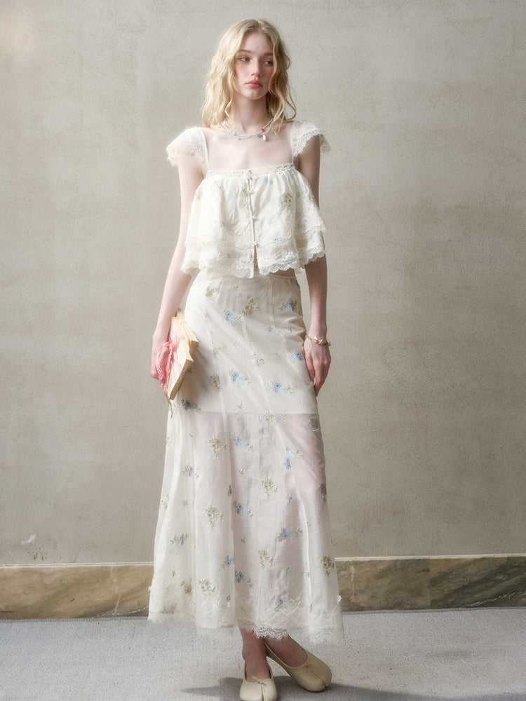 Lace Embroidery Flower French - Style Shirt & Skirt Set
