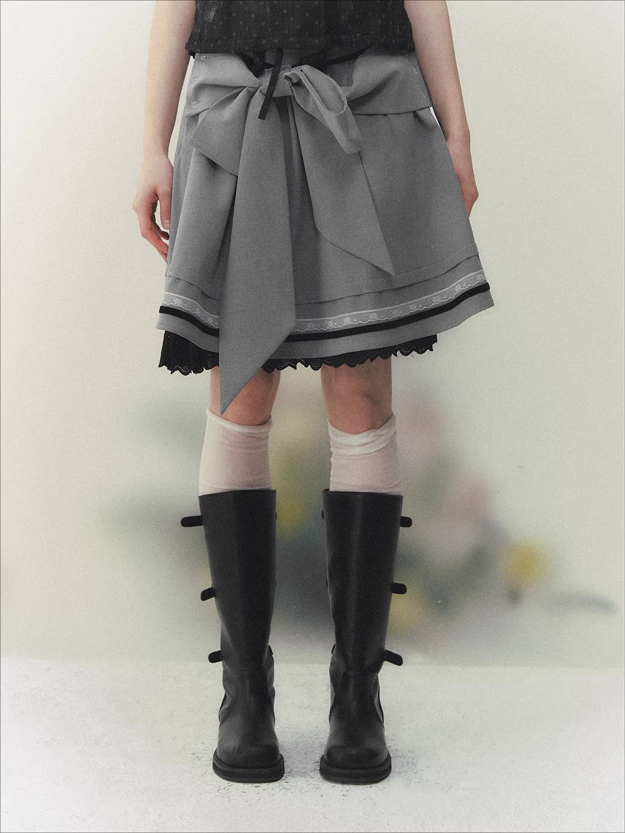 Gray Bow Pleated Skirt