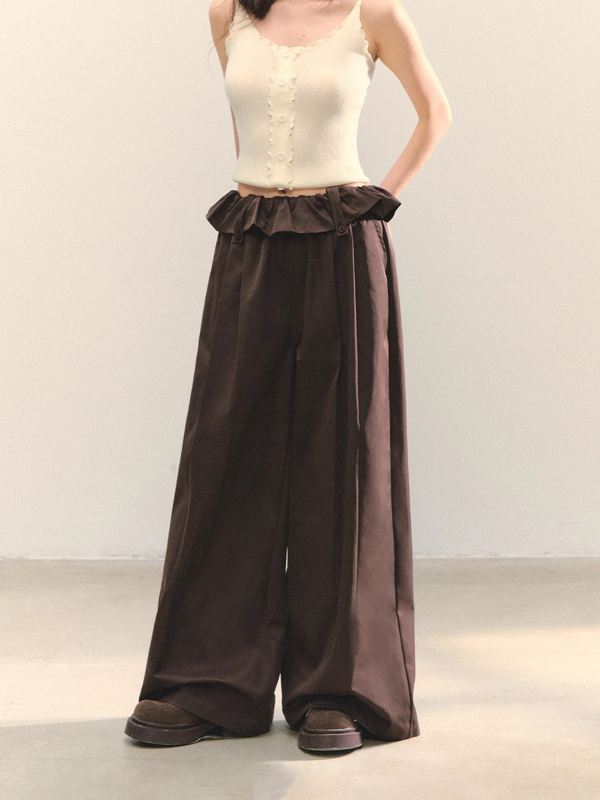 Brown & Black Fold-Waist Balloon Pants