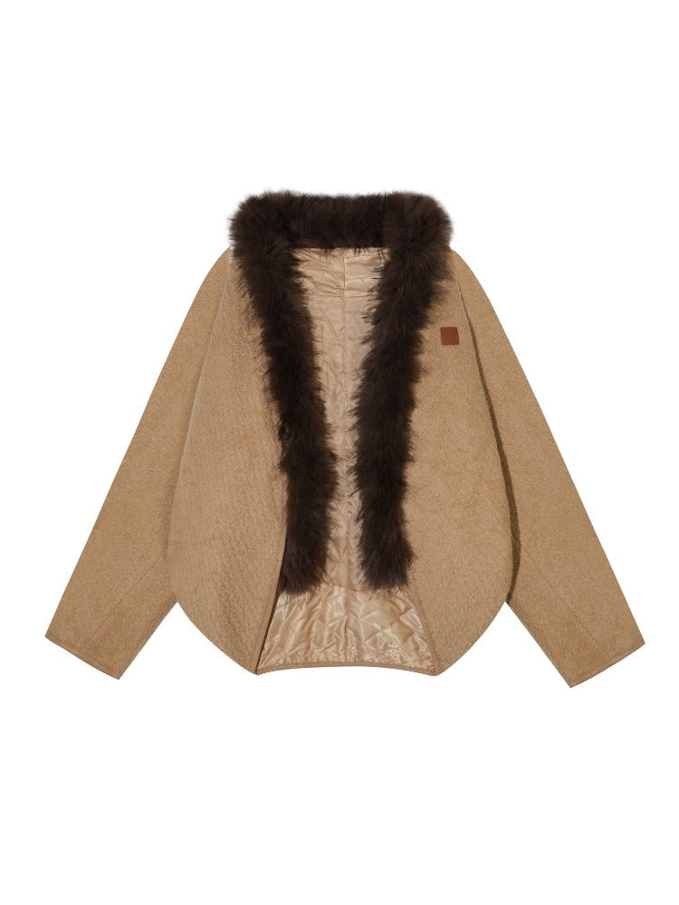 Camel Wool Fur Collar Cape Jacket