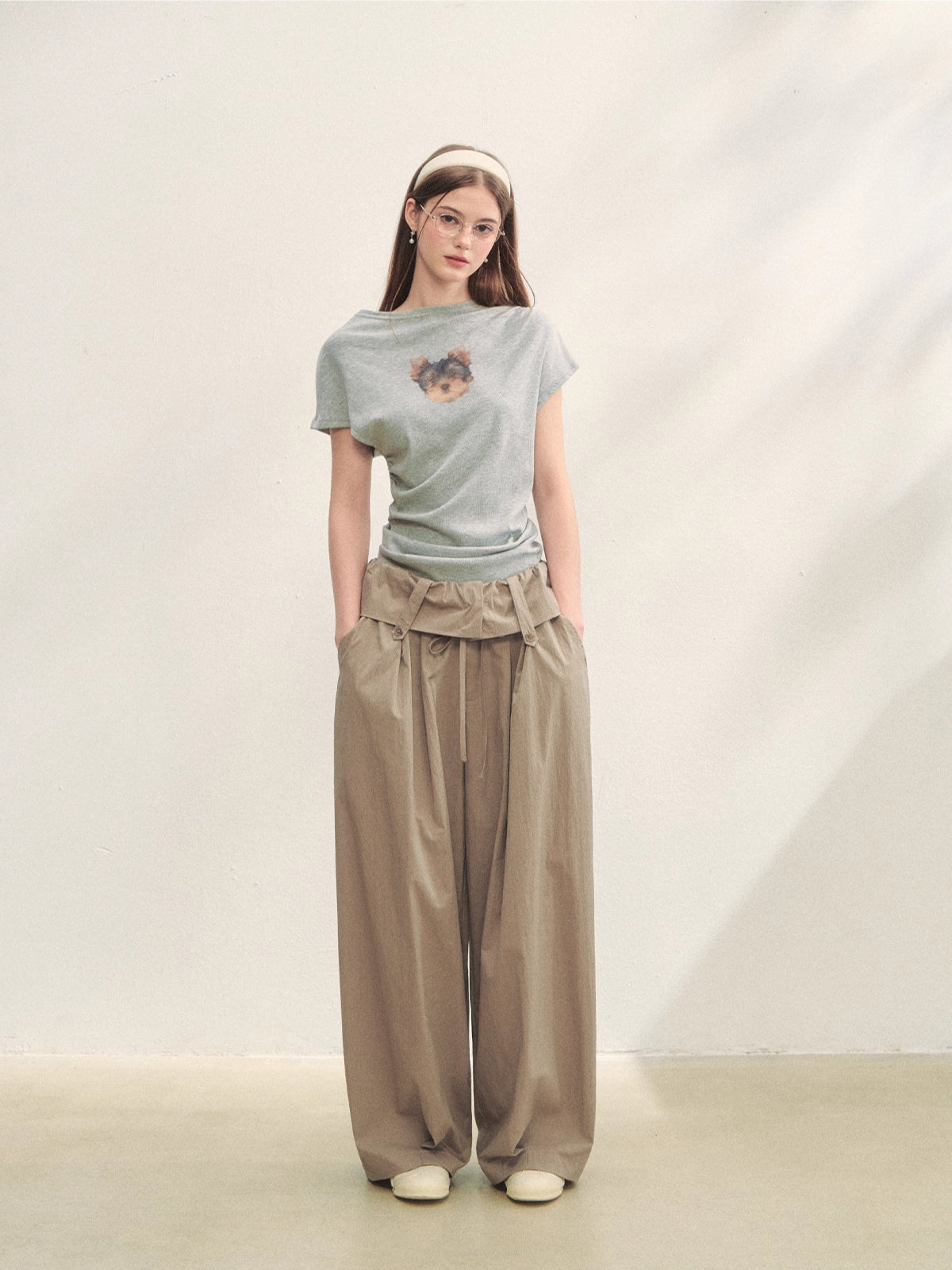 Elastic Pleated Crew Neck T-shirt