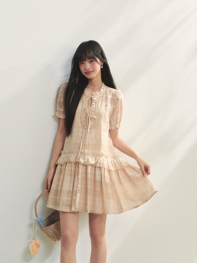 Checkered Hollow-Out Ruffled Dress Set