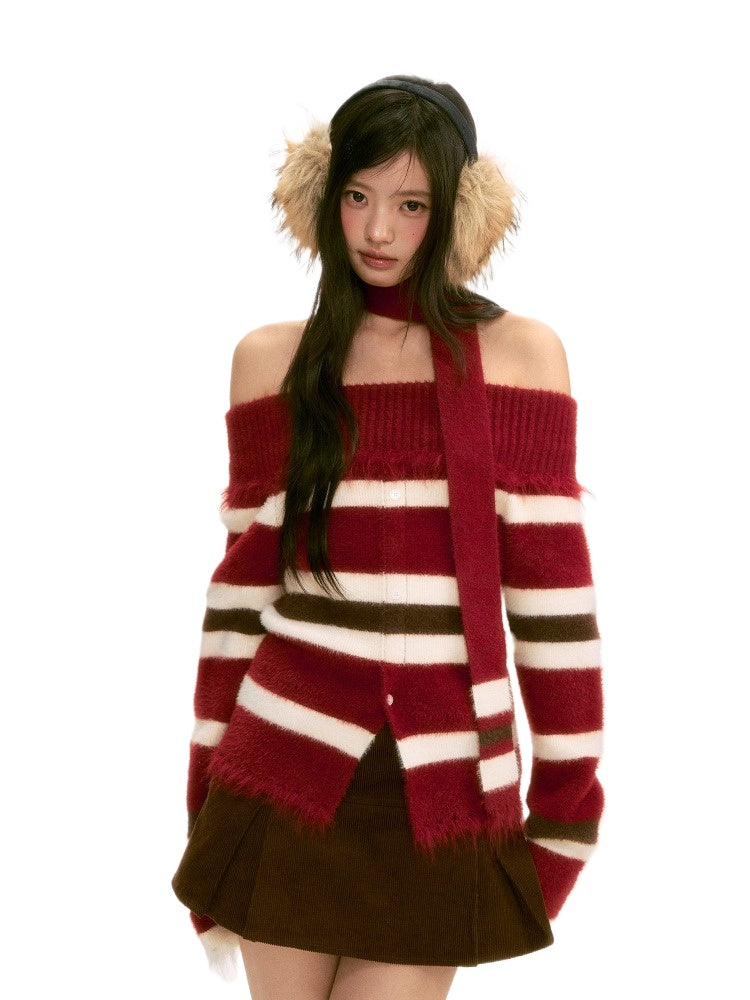 Red Off-Shoulder Contrast Stripe Knit Top