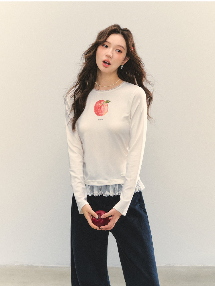 Fruit Print Lace-spliced T-Shirt