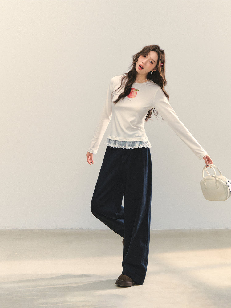 Fruit Print Lace-spliced T-Shirt