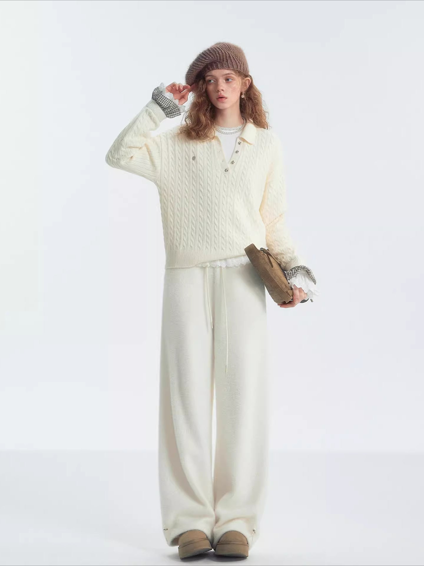 Cable‑Knit Polo Collar Plaid Splice Sweater