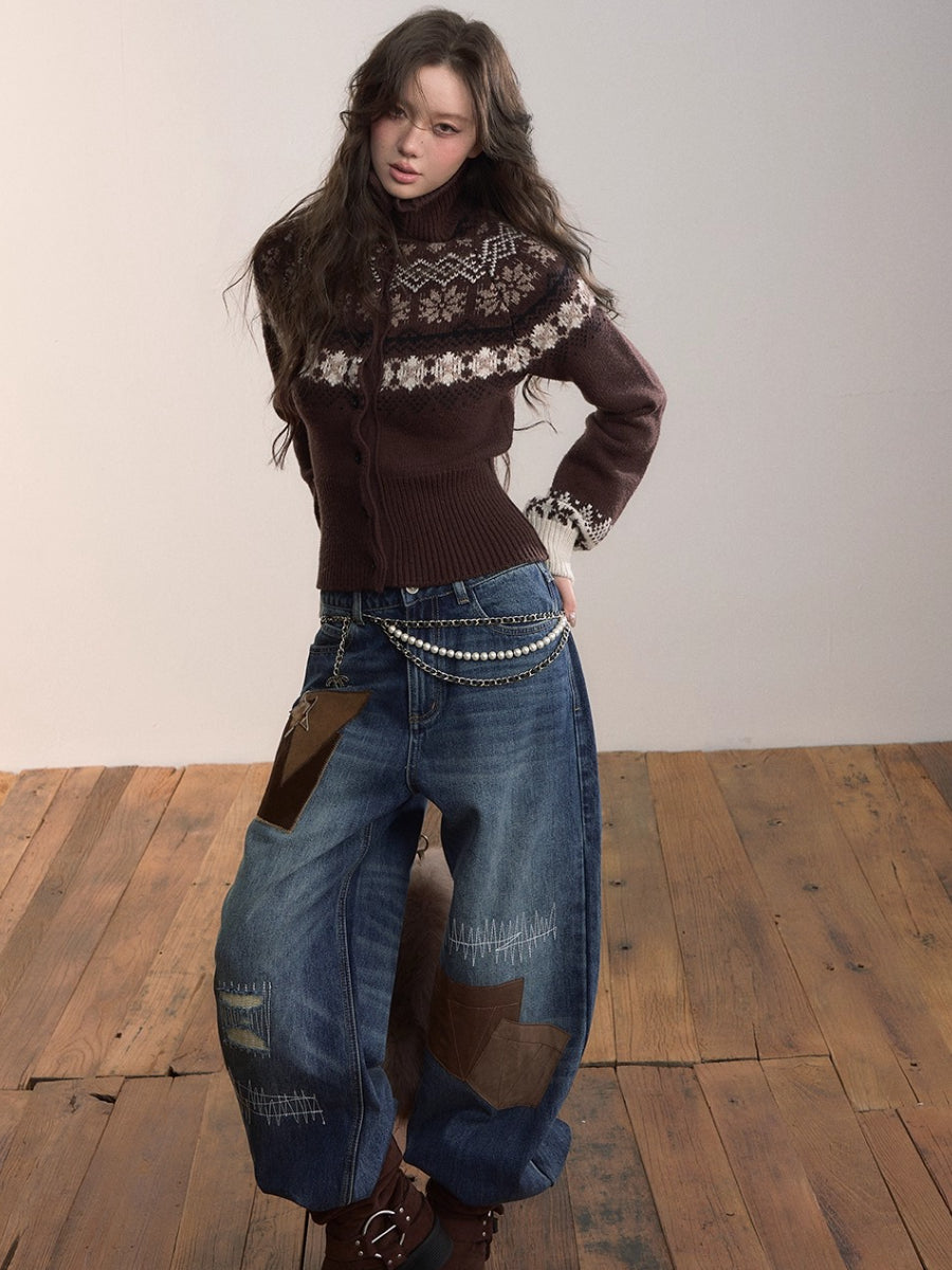 Fair Isle Heavy-Duty Knit Turtleneck Cardigan