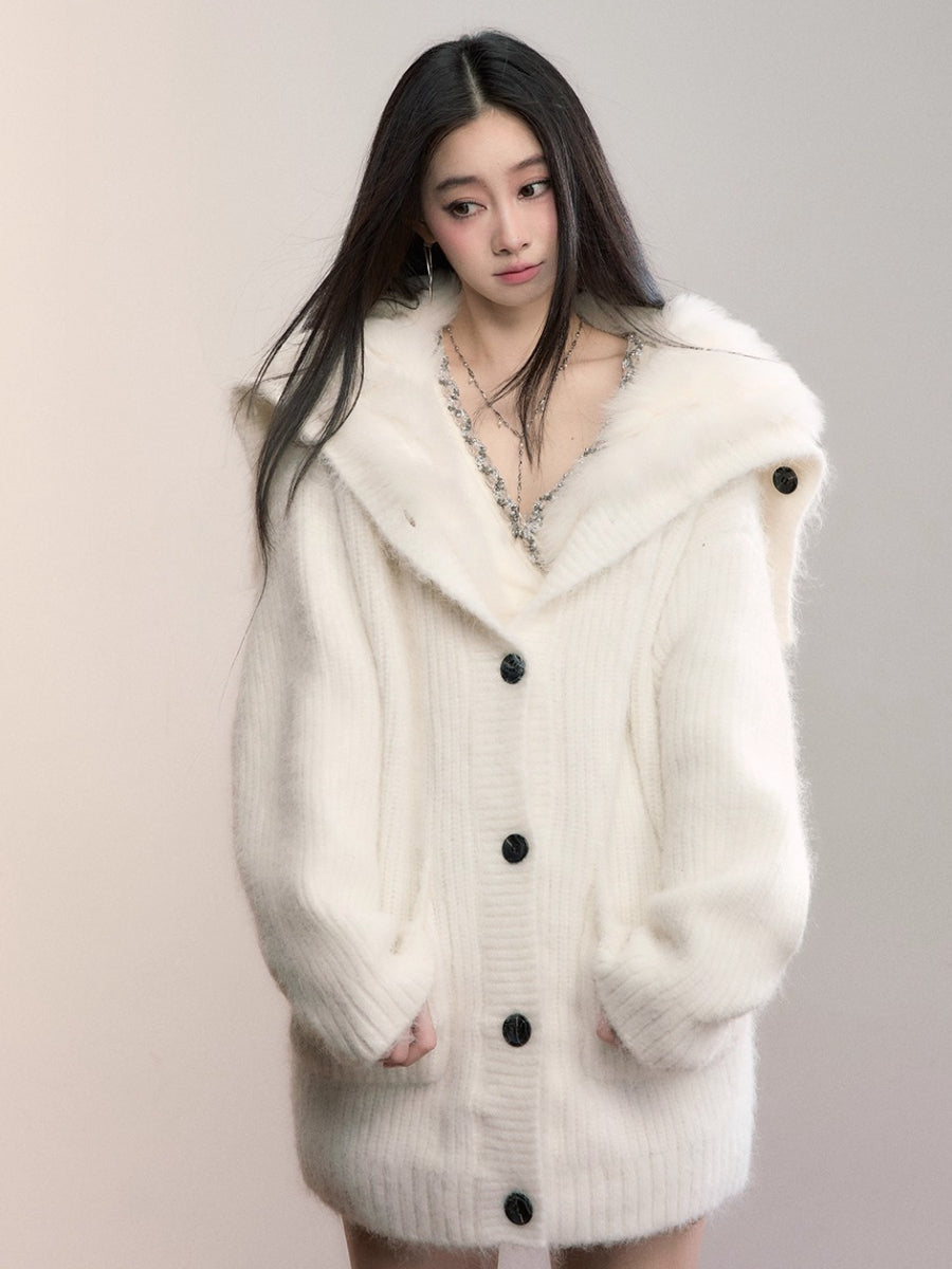 Fox Fur Large Notch Collar Cardigan