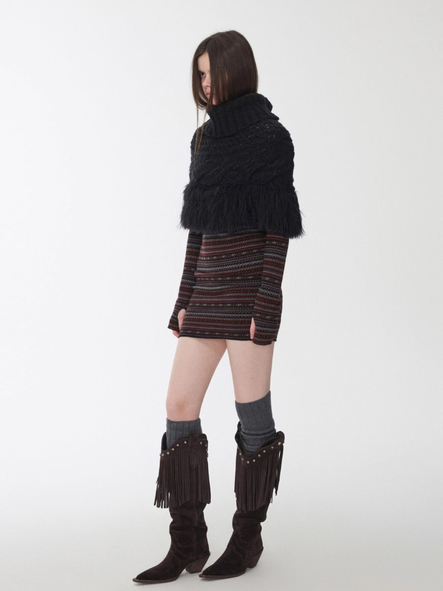 Cable Knit Fringed High-Neck Wool Blend Poncho