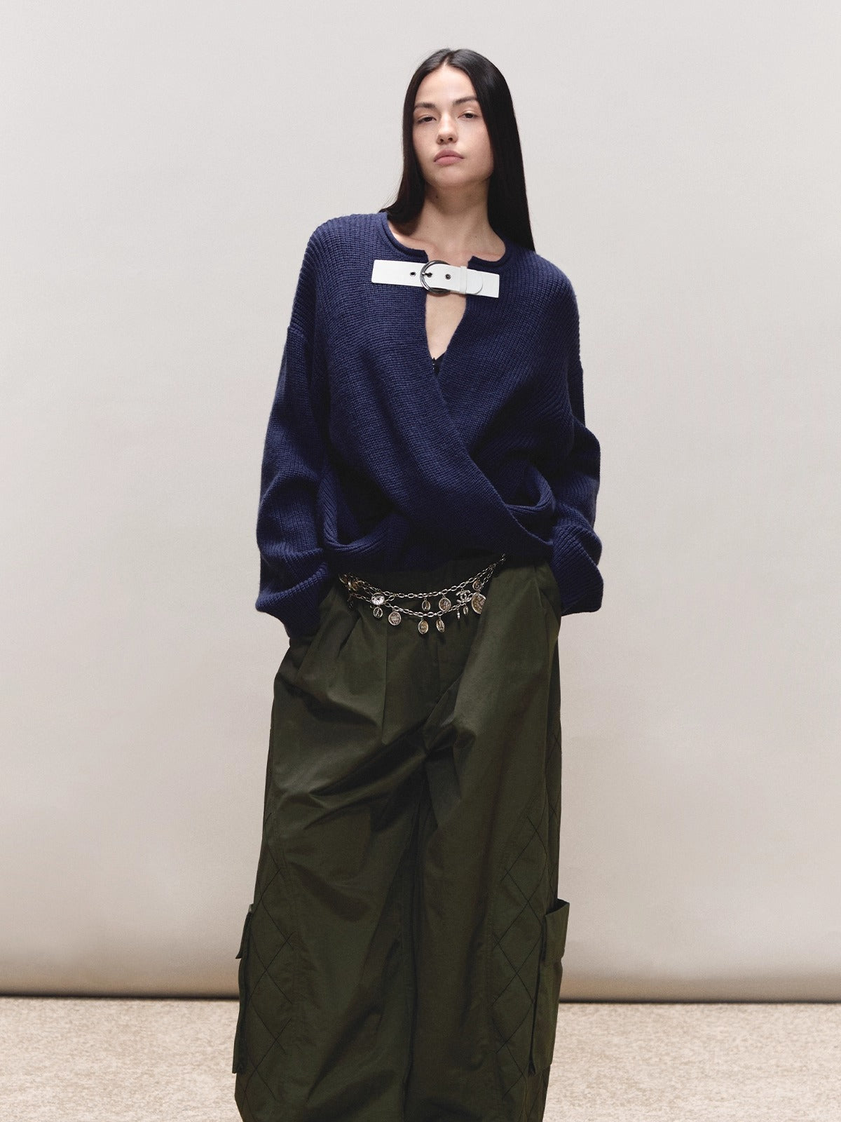 Wool V-Neck Buckle-Panel Sweater