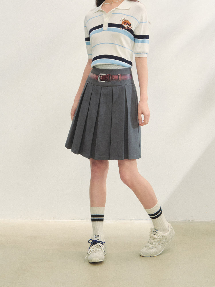 Fake Two-piece Printed Belted Pleated Skirt