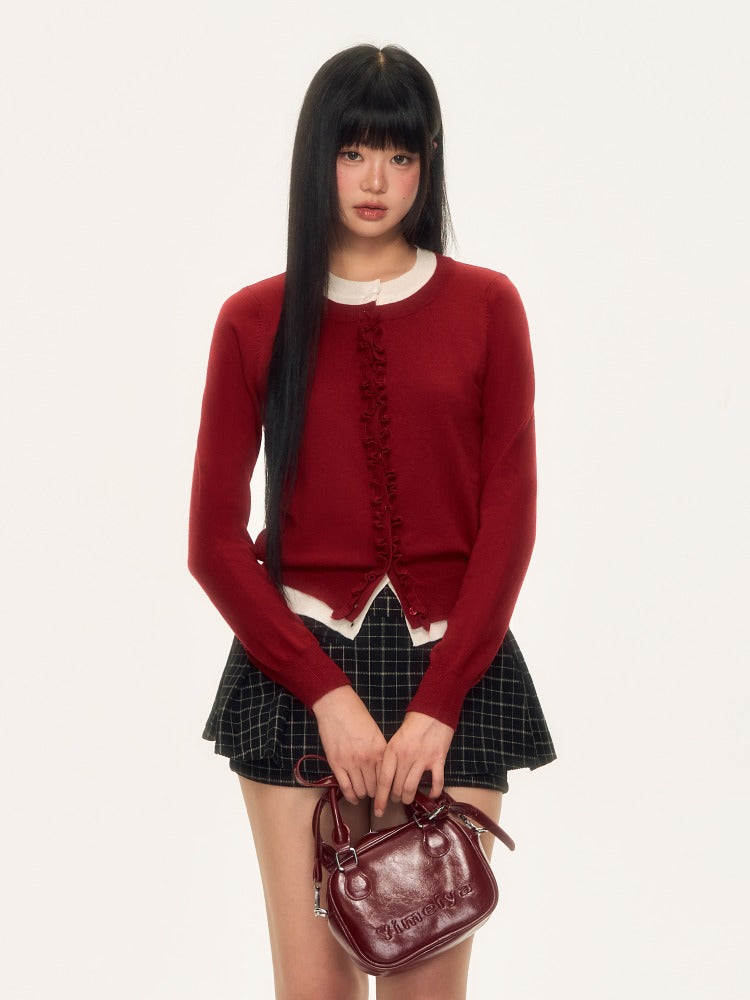 Red Layered Ruffle Trim Knit Pullover