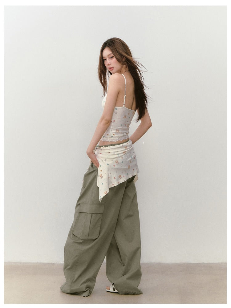 Wide-Leg Beaded Cargo Large Pockets Pants