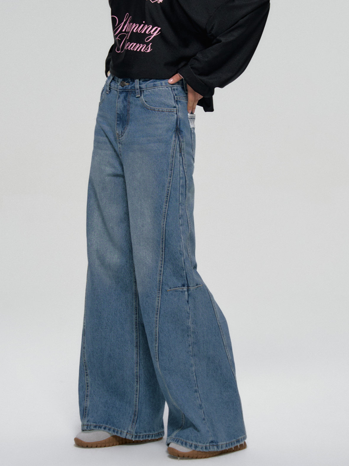 Panel Stitch Lace Patch High Waist Jeans