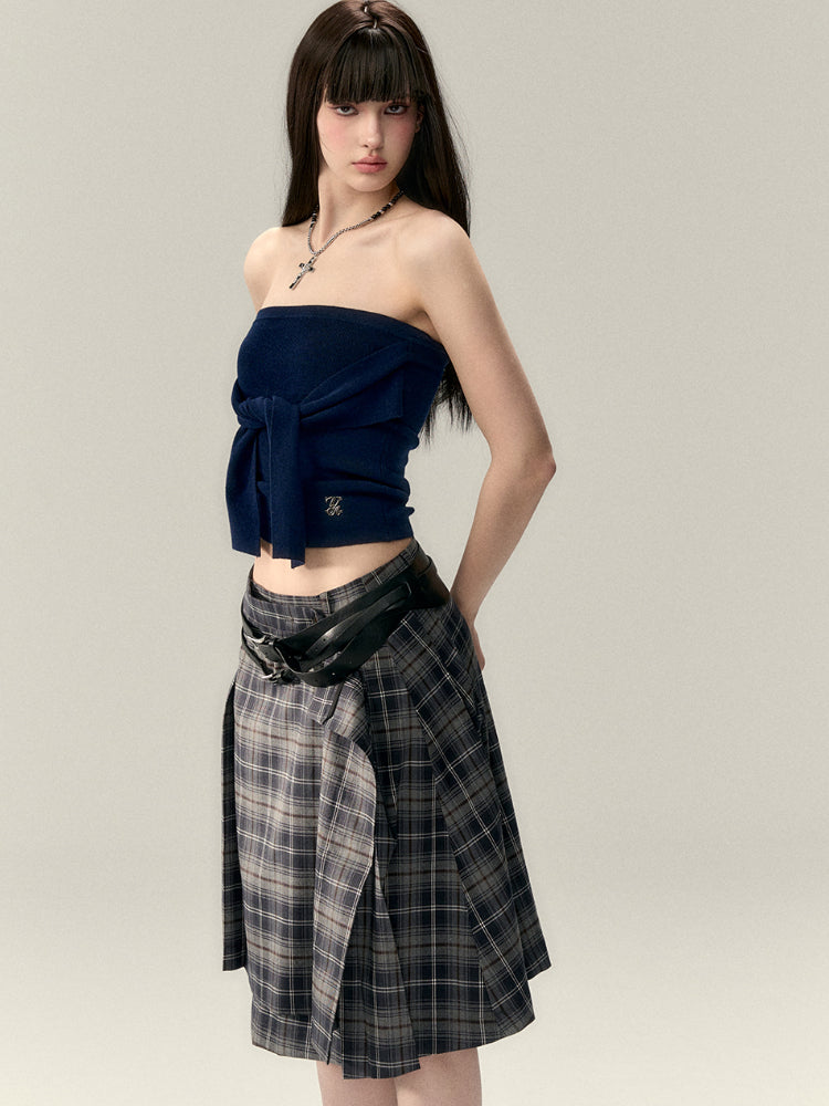 Gray & Navy Blue Tie-Knitted Top