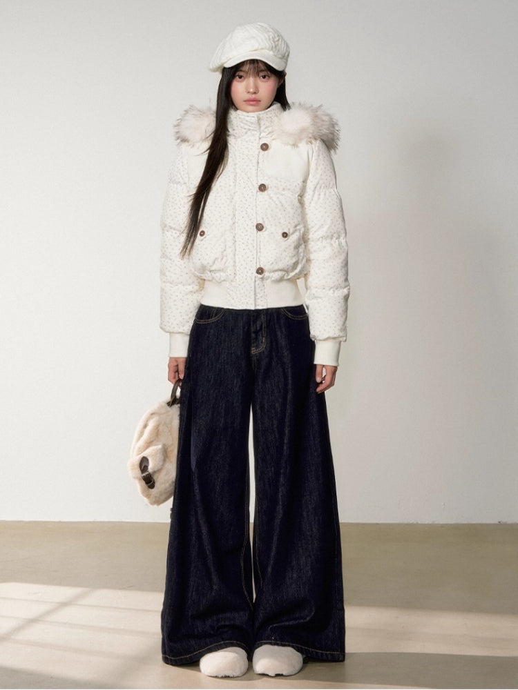 Faux Fur Collar Plaid Down Jacket