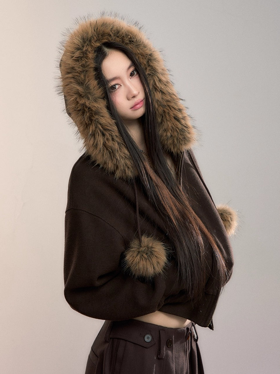 Furry Pom-Pom Hooded Sweatshirt