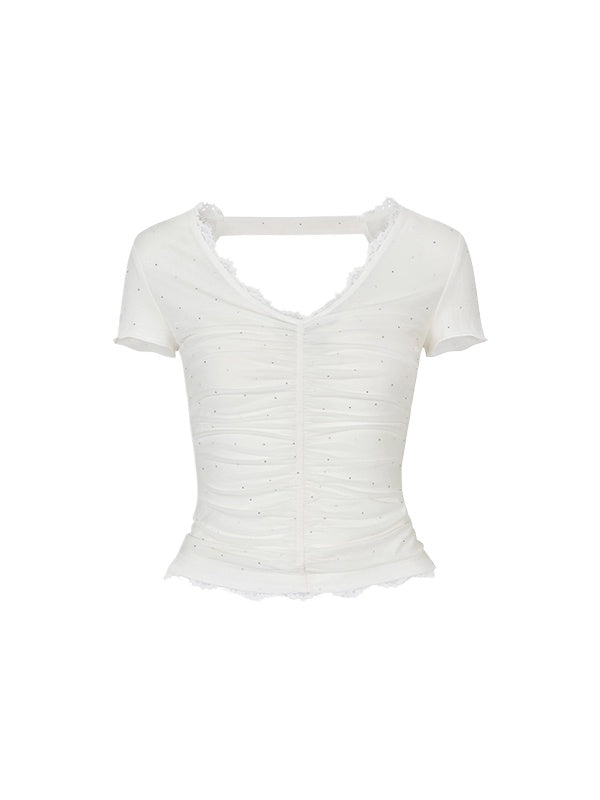 Acetate Lace Backless Beaded Short-sleeve T-shirt