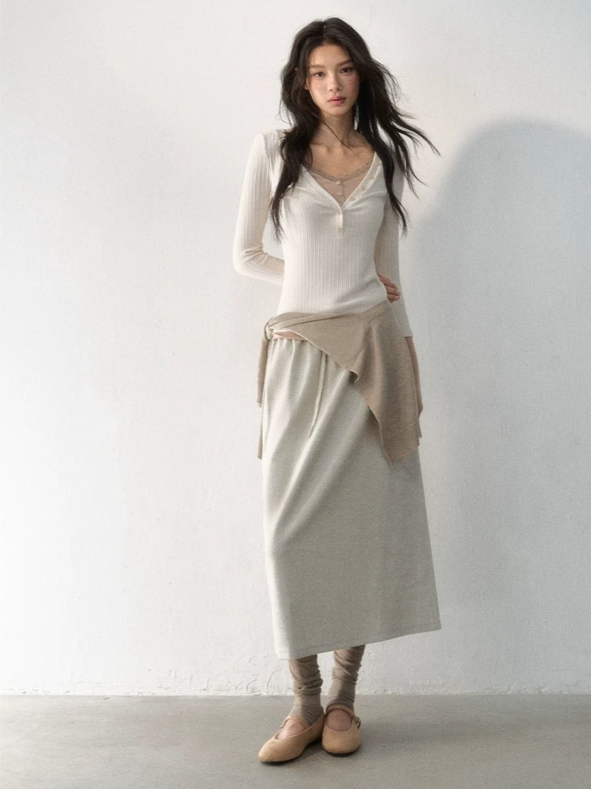 Layered V-Neck Ribbed Knit Top
