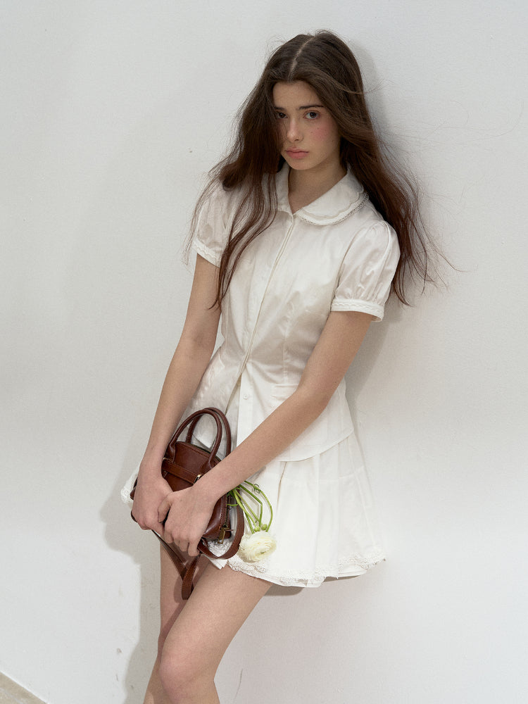 Cotton Lace Embroidered Collar Shirt & Skirt Set