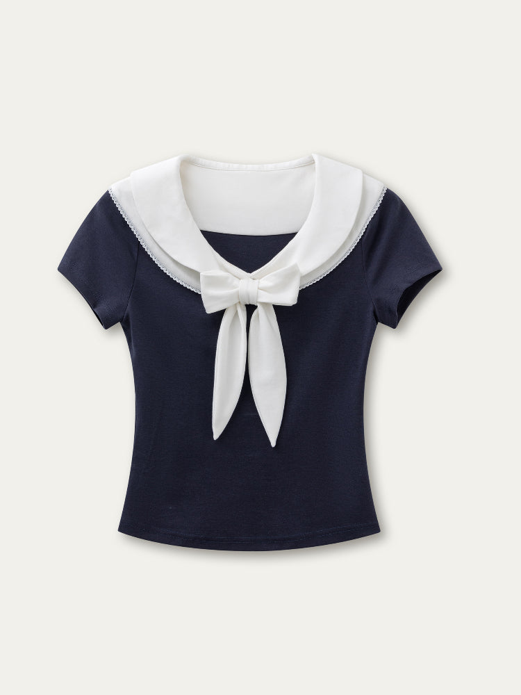Bow-neck Contrast-color Skin Friendly Cotton T-shirt