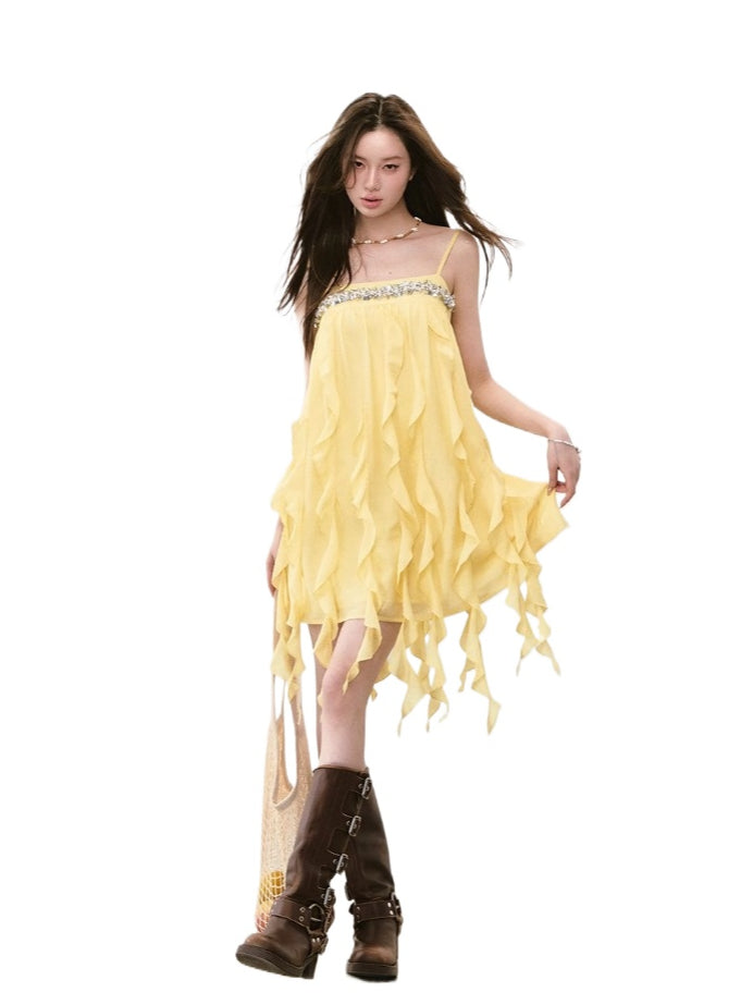 Beaded Flowing A-line Acetate Dress