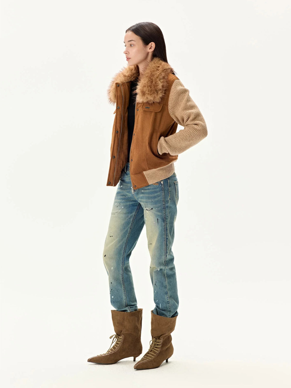Faux Suede Wool Collar Jacket