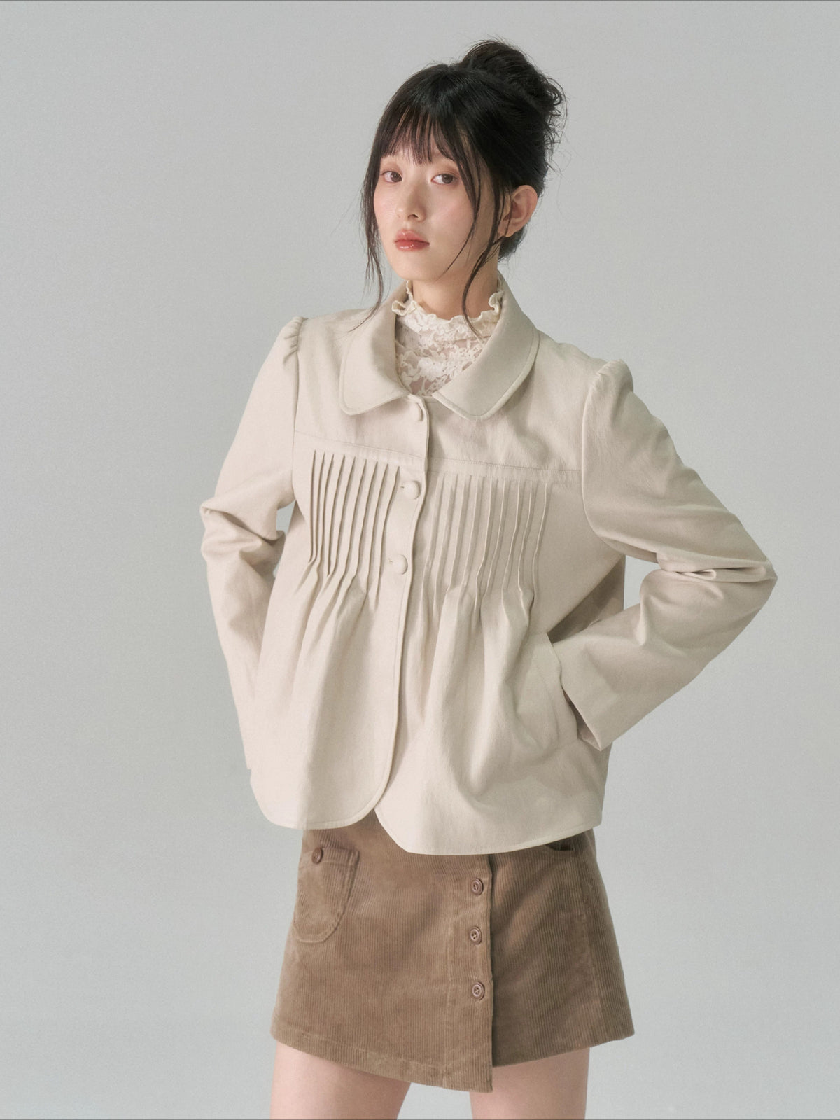 Pleated Curved-Hem Leather Jacket