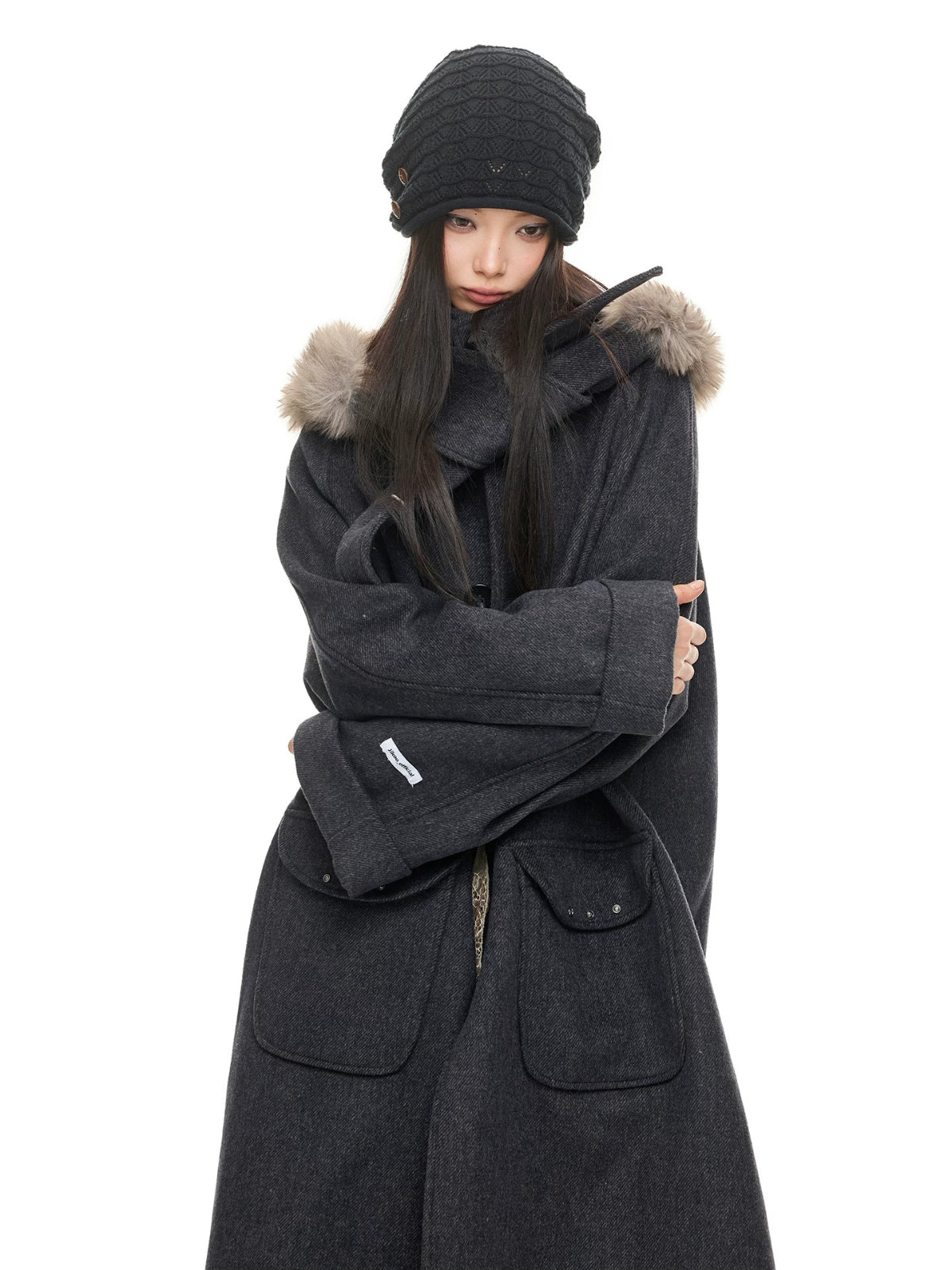 Hooded Wool Blend Long Coat
